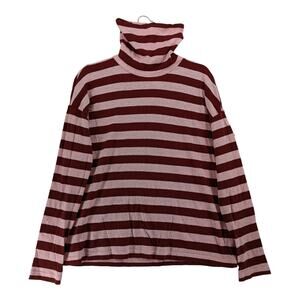 J.Crew Striped Top S Maroon Pink Knit Turtleneck Long Sleeves Flowy Hem Workwear